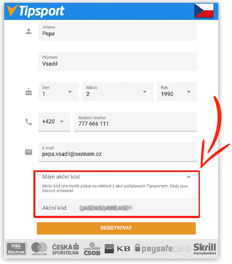 Registrace akční kód Tipsport